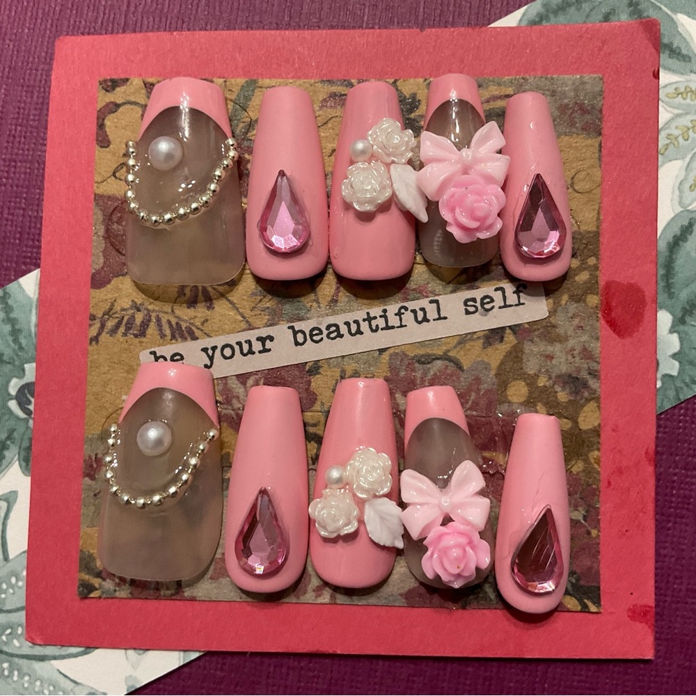 Pink French Tip ~50 Shades of Pink Collection~Floral Press-On Nails #022